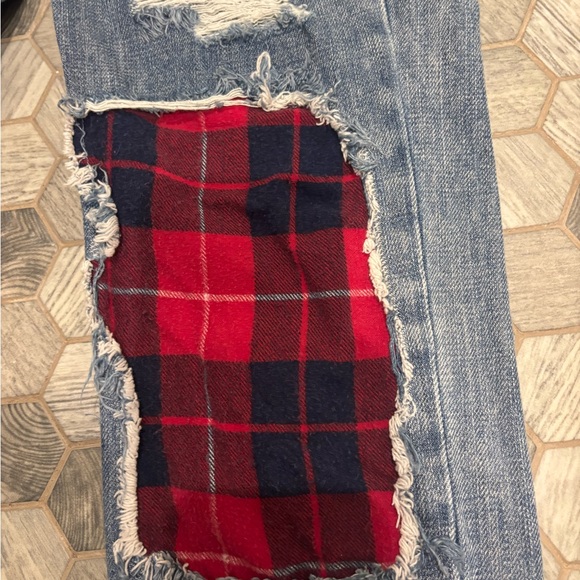 Carmar Blue Boyfriend Jeans with Red Plaid Patches - Picture 3 of 4